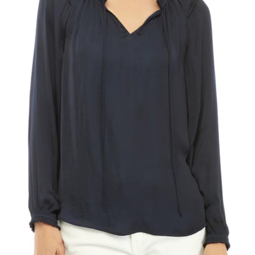Philosophy Blue Gray Peasant Top Tie Neck, Flowy Fit Long Sleeves Small